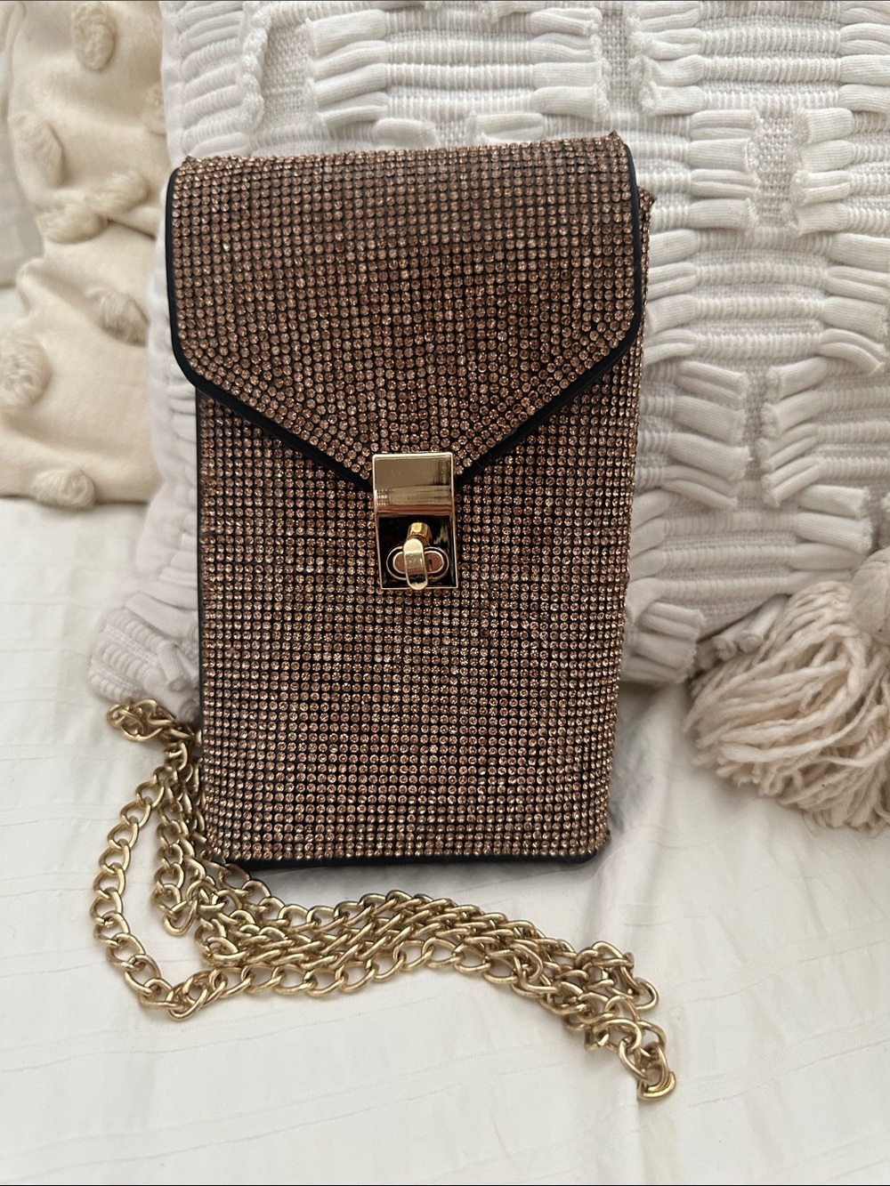 Crystal-Studded Crossbody Phone Bag in Bronze with Gold Chain
